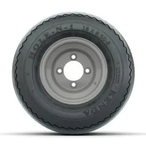 Set of (4) 8 in Gray Steel Wheels with 18 in Kenda Hole-N-1 Tires - Image 2