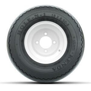 Set of (4) 8 in White Steel Offset Wheels with 18 in Kenda Hole-N-1 Tires - Image 2