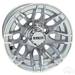 Enhance your cart with RHOX RX175 Machined Silver 10×7 ET-25 rims—durable, stylish, and ideal for 10" Golf Cart Rims in Golf Cart Tires & Wheels.