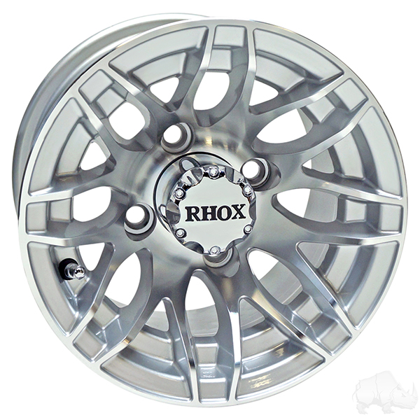Enhance your cart with RHOX RX175 Machined Silver 10×7 ET-25 rims—durable, stylish, and ideal for 10" Golf Cart Rims in Golf Cart Tires & Wheels.